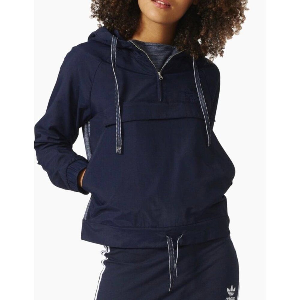 Adidas Women’s Cropped Navy-Blue Long Sleeve Hooded Sweatshirt Size XS